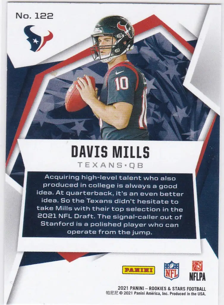 Football trading card of Davis Mills with the Houston Texans in navy uniform