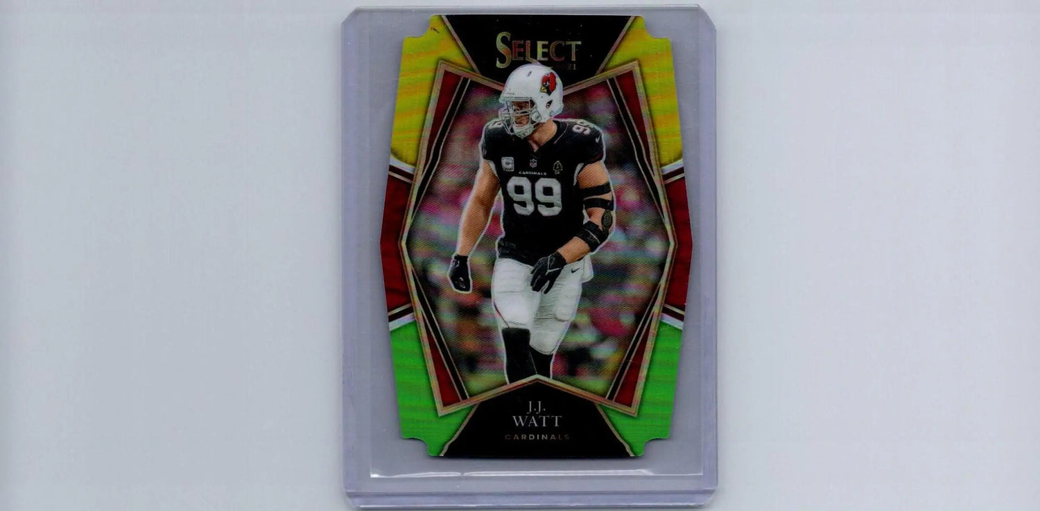 J.J. Watt football card from 2021 Panini Select Green and Yellow Prizm Die Cut