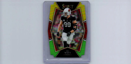J.J. Watt football card from 2021 Panini Select Green and Yellow Prizm Die Cut