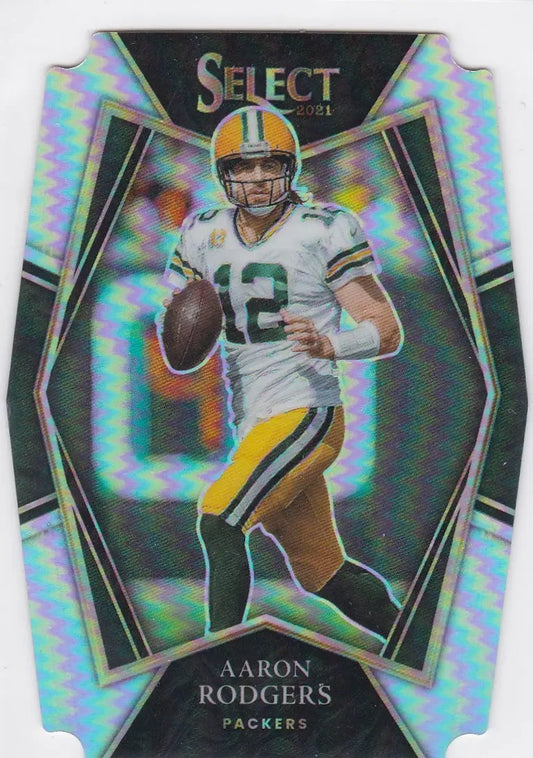 Aaron Rodgers die cut Prizm football trading card from 2021 Panini Select Packers