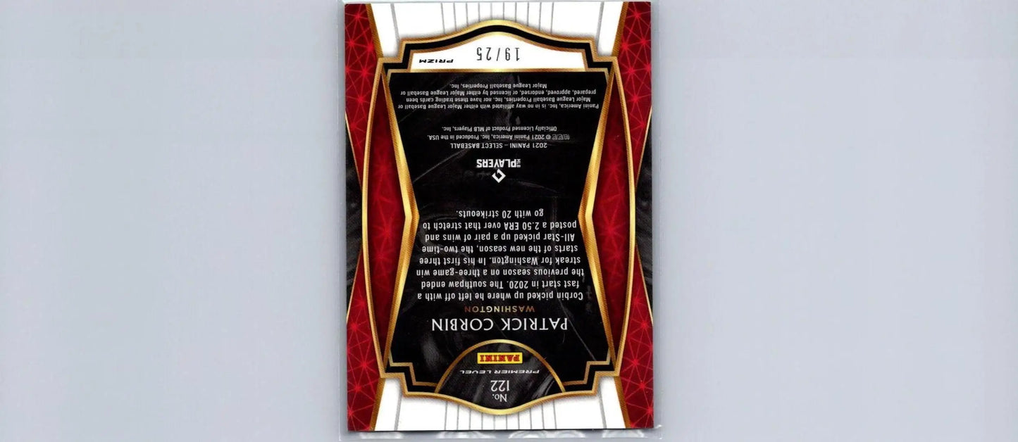 Patrick Corbin Cracked Ice Prizm trading card from 2021 Panini Select #122 limited to 25