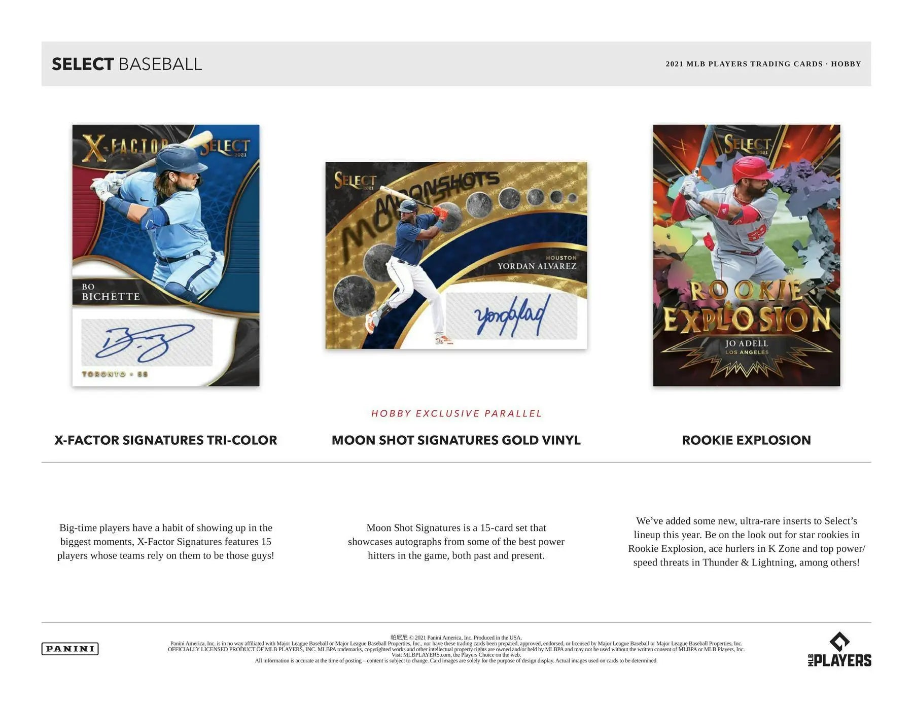 Baseball trading cards with rookie jersey autographs from 2021 Panini Select Hobby Box