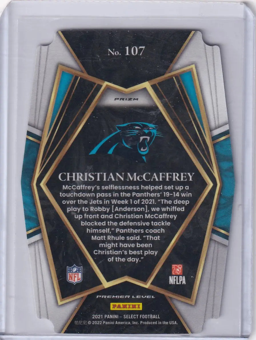 Football trading card of Christian McCaffrey from 2021 Panini Select Diecut Premier Level