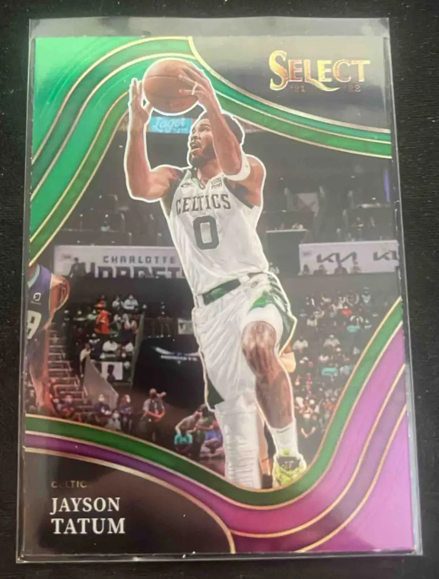 Panini Select Jayson Tatum green purple Prizms trading card in protective sleeve