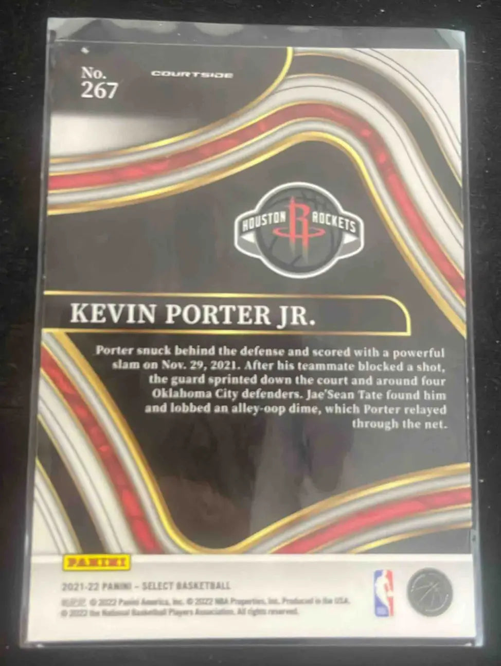 Panini Select Kevin Porter Jr. basketball card featuring Rockets logo and Nov 2021 slam