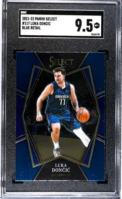 Graded Panini Select Luka Doncic basketball card displayed in 2021 Panini Select product