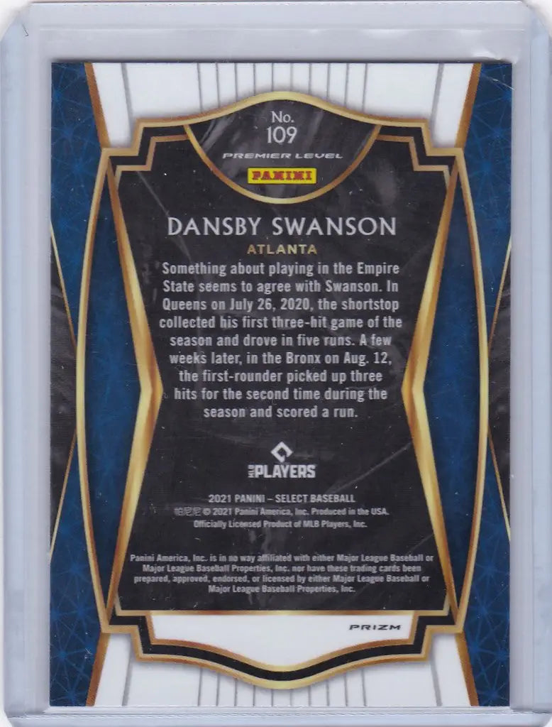 Baseball trading card of Dansby Swanson Atlanta Braves from Panini Select Premier