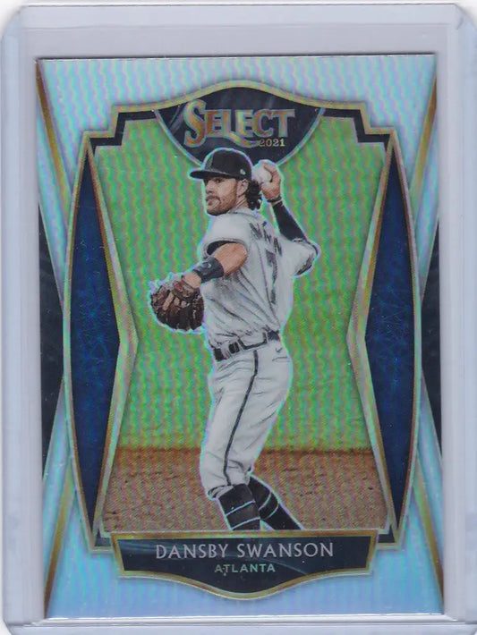 Baseball trading card of Dansby Swanson Atlanta Braves in gray uniform mid-throw