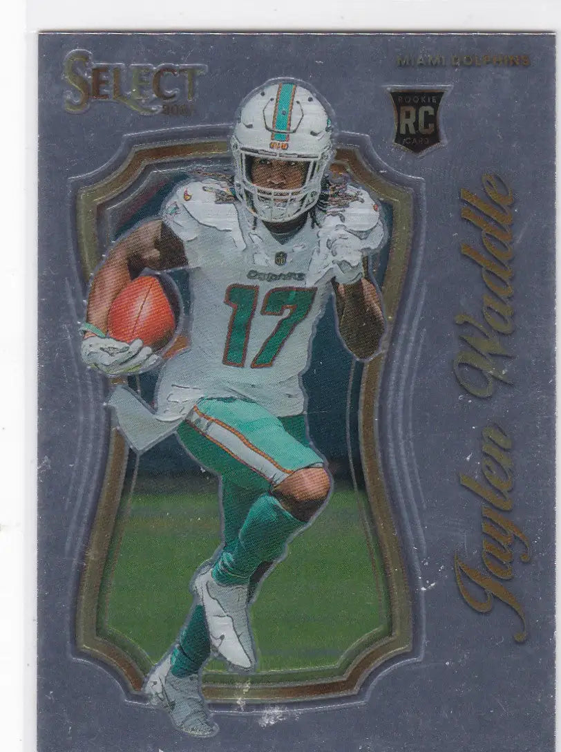 Football trading card featuring Jaylen Waddle RC Select Certified Miami Dolphins uniform
