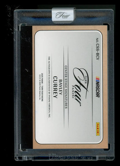 Panini Turn Four Bayley Currey NASCAR trading card in protective case for 2021 Turn Four series