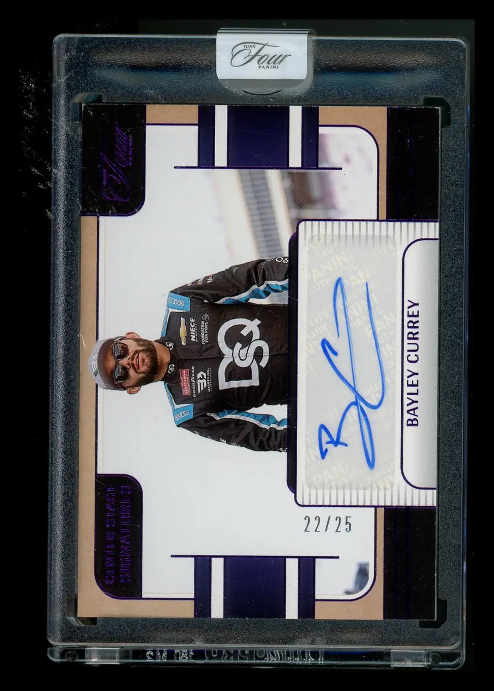 Autographed 2021 Panini Turn Four Bayley Currey trading card numbered 22/25