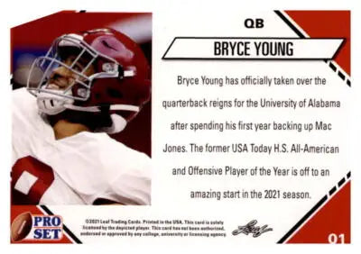 Original gloss sports cards featuring Bryce Young football rookie in 2021 Pro Set College Football Blaster