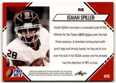 Original gloss of Isaiah Spiller football trading card from 2021 Pro Set College collection