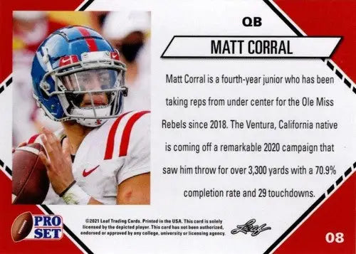 Original gloss Matt Corral football card from 2021 Pro Set College Football series