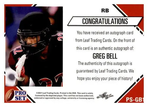 Greg Bell autograph card from 2021 Pro Set College Football Blaster offering original gloss