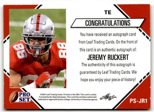 Football trading card featuring Jeremy Ruckert from 2021 Pro Set College Football Blaster Autographs