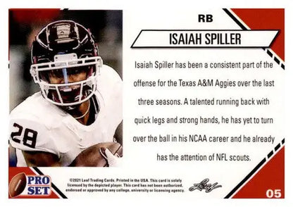 Isaiah Spiller football card from 2021 Pro Set College Football Blaster featuring original gloss