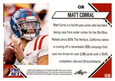Original gloss Matt Corral football card from 2021 Pro Set College Sports Cards