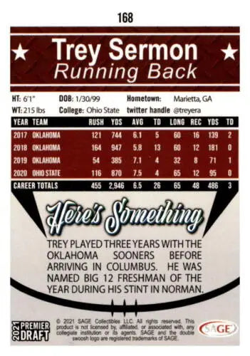 Trey Sermon football card 2021 SAGE Hit Premier Draft Red NM original gloss condition