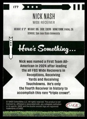 Football trading card featuring Sage Nick Nash from 2021 SAGE Nick Nash #177 collection