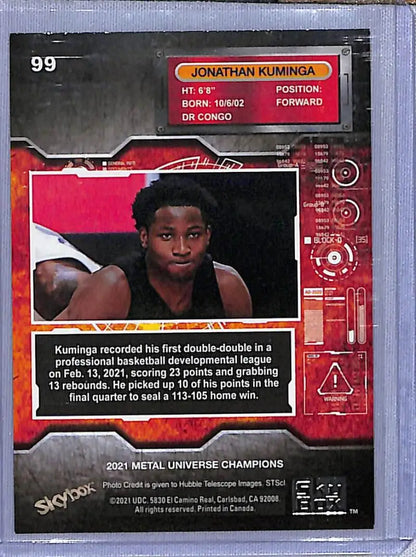 Basketball card of Jonathan Kuminga from DR Congo in a dark jersey, Skybox Metal Universe
