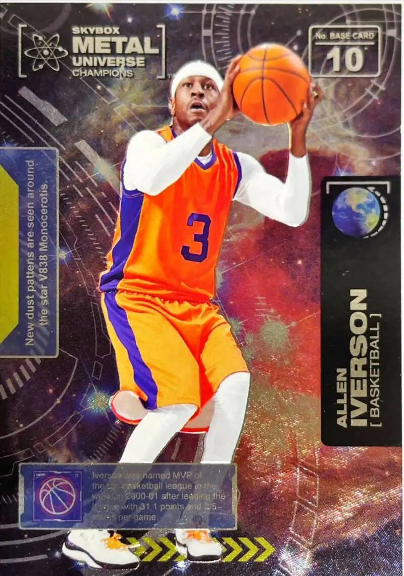 Allen Iverson basketball player in orange and purple uniform with Skybox Metal Universe background
