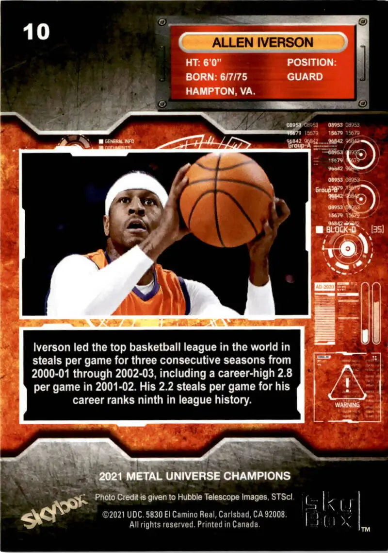 Basketball trading card of Allen Iverson in white uniform for Skybox Metal Universe