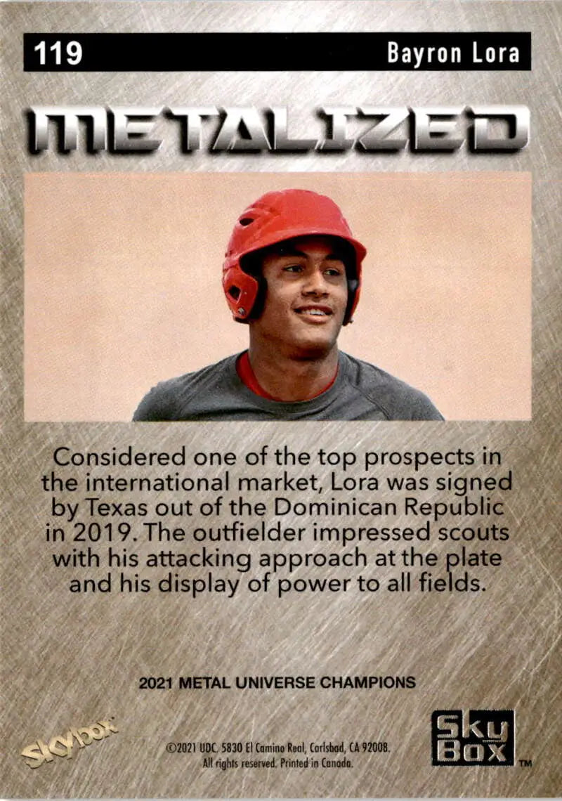 Baseball card of Bayron Lora in red helmet from Metal Universe Champions collection