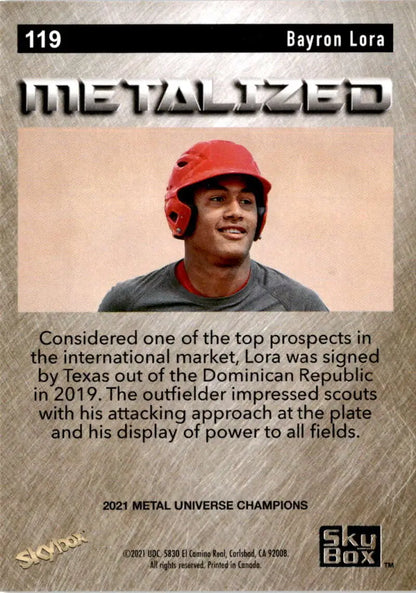 Baseball card of Bayron Lora in red helmet from Metal Universe Champions collection