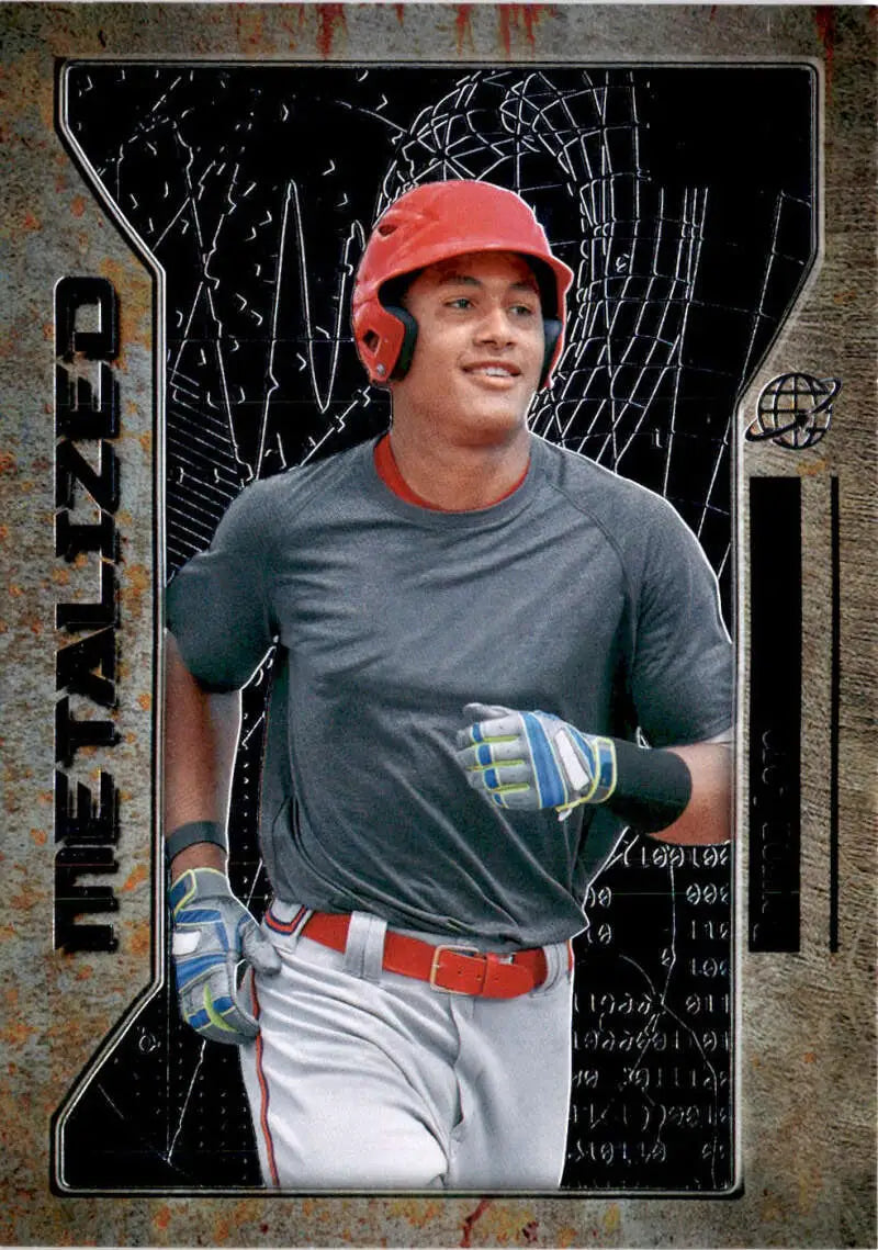 Baseball card of Bayron Lora in red helmet from Metal Universe Champions series