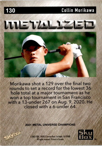 Collin Morikawa mid-swing in gray shirt on 2021 Skybox Metal Universe Champions card