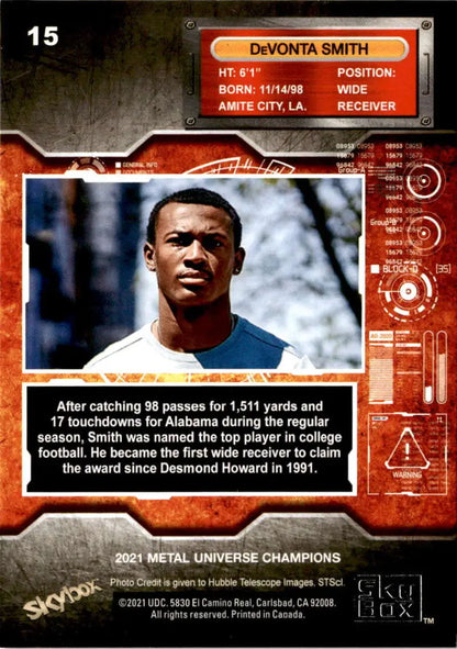 Football trading card of DeVonta Smith from Metal Universe Champions series