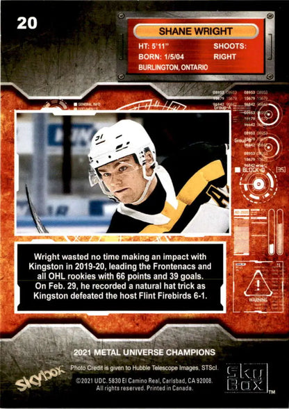 Hockey trading card of Shane Wright from Skybox Metal Universe Champions in black and gold uniform