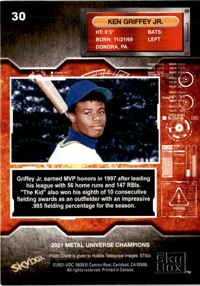 Ken Griffey Jr. in blue uniform on 2021 Skybox Metal Universe Champions card
