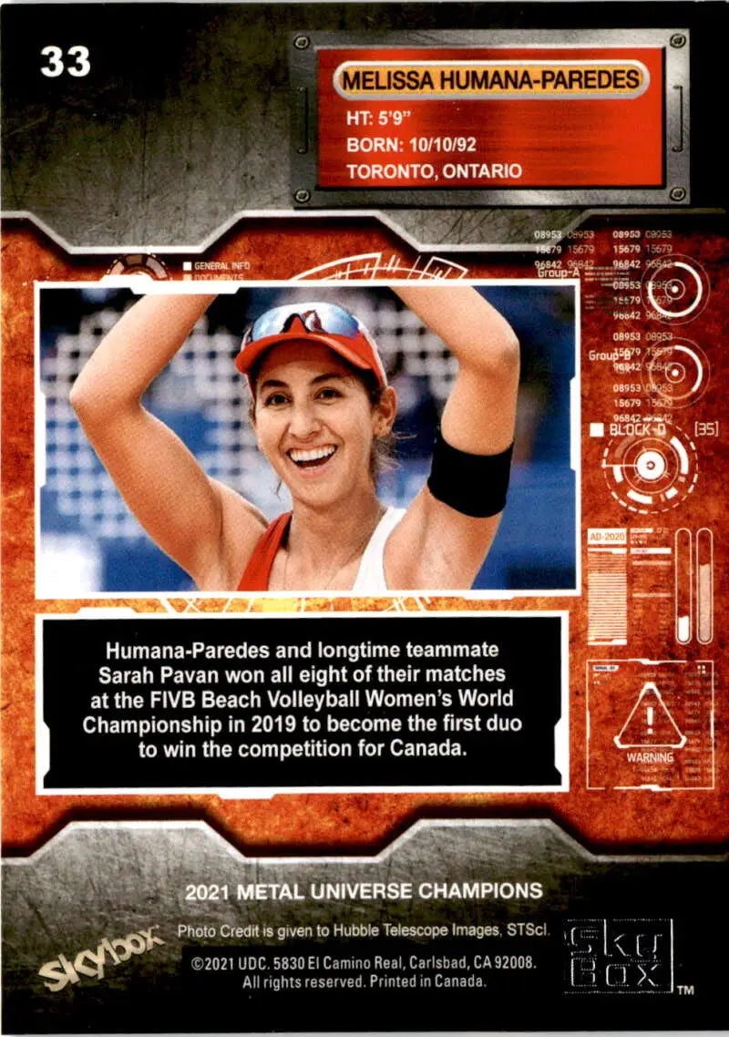 Beach volleyball card of Melissa Humana-Paredes celebrating with red cap during competition