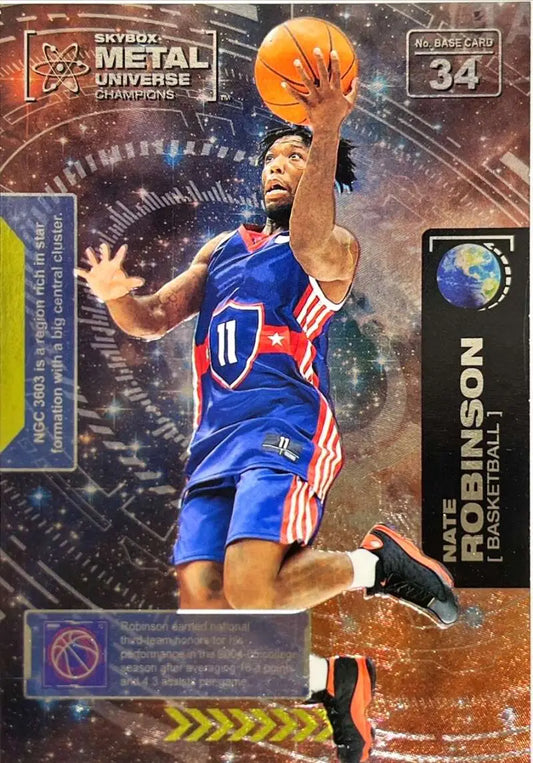 Basketball card of Nate Robinson in blue uniform leaping from Skybox Metal Universe Champions