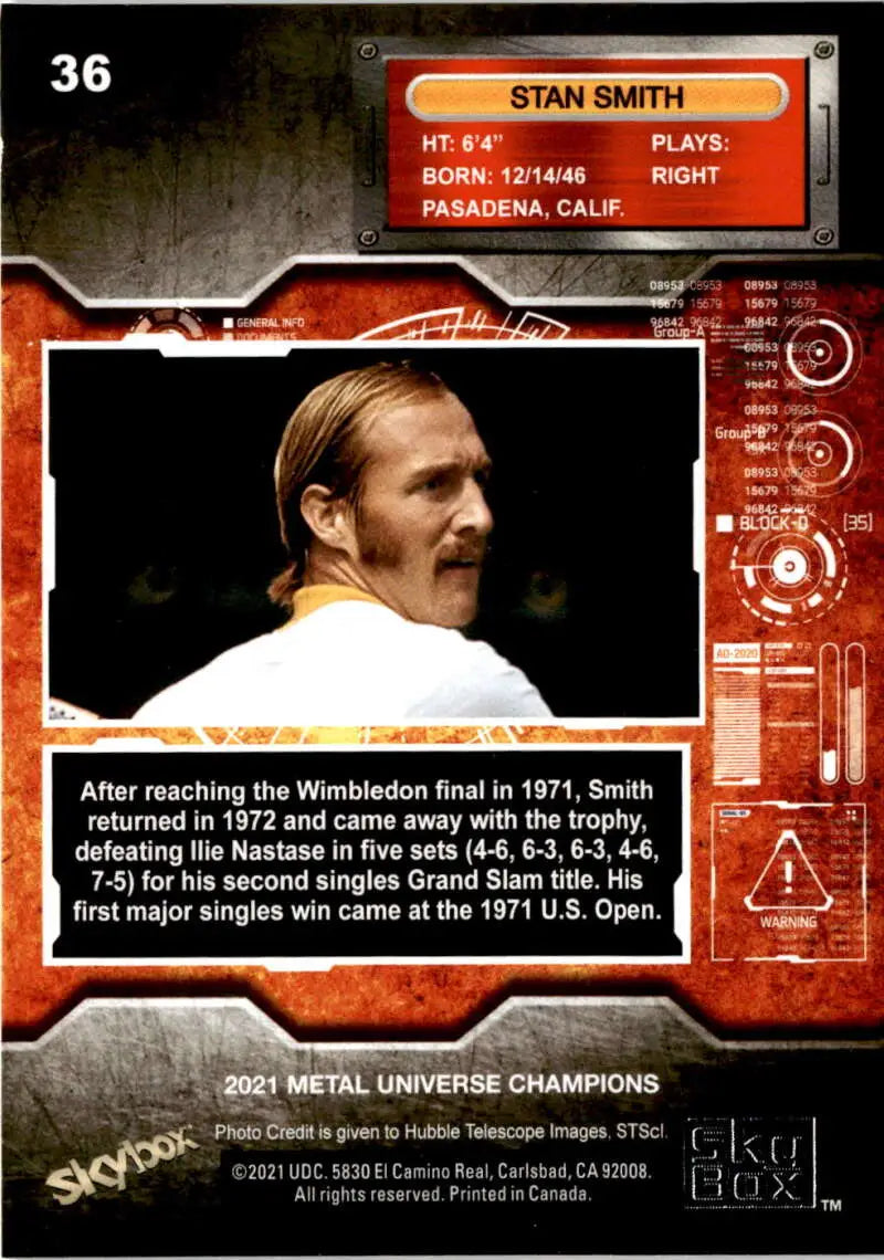 Trading card of Stan Smith featuring career highlights and statistics from Pasadena, California