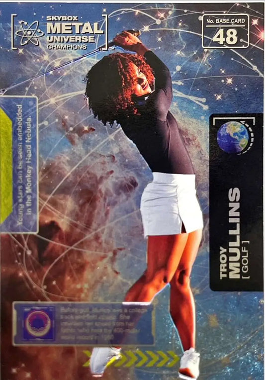 Golfer in white shorts backswing with cosmic background, Skybox Metal Universe Champions card