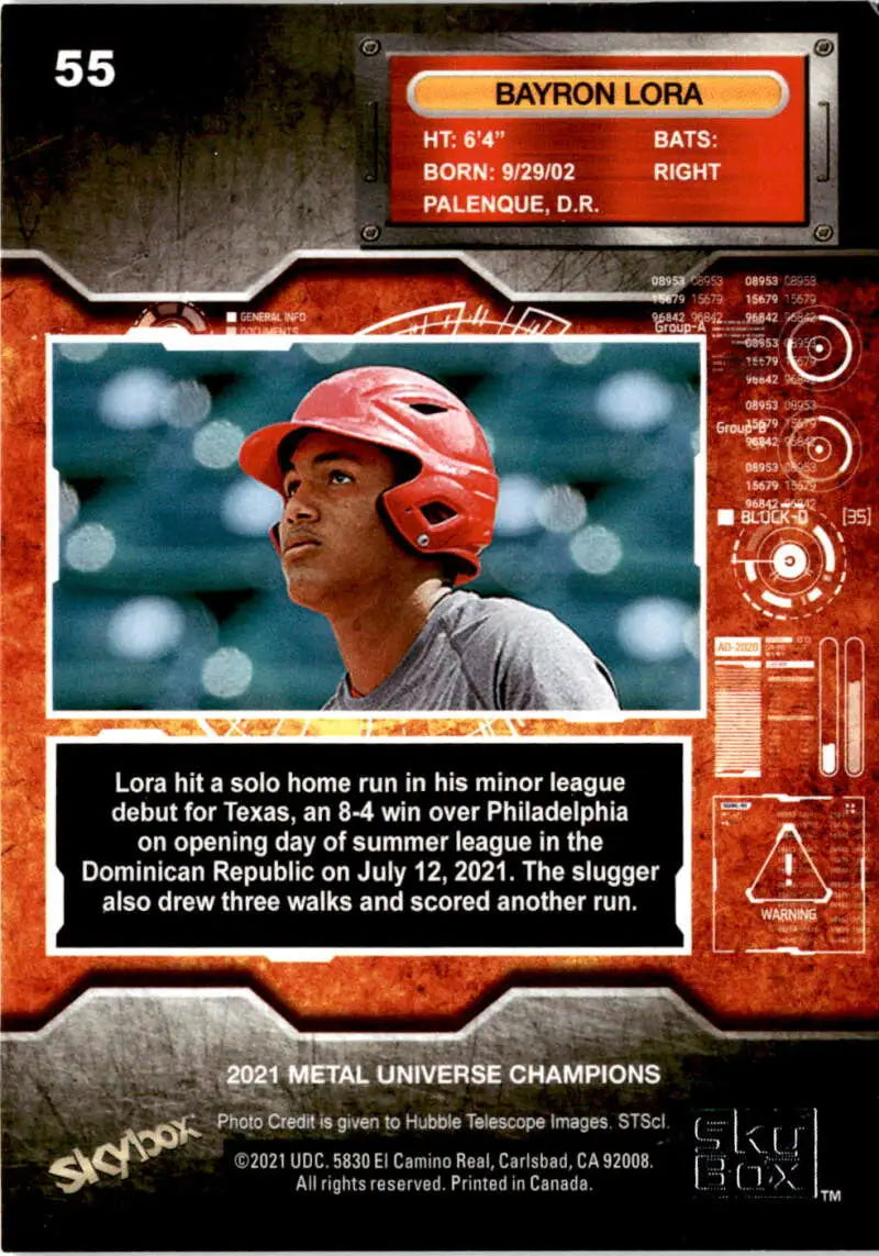 Baseball card of Bayron Lora in a red helmet from Skybox Metal Universe Champions