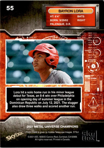 Baseball card of Bayron Lora in a red helmet from Skybox Metal Universe Champions