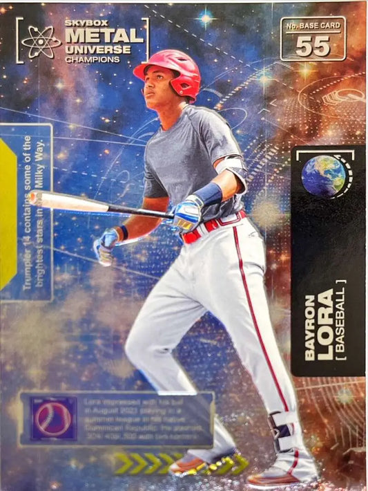 Bayron Lora swinging bat on 2021 Skybox Metal Universe Champions baseball card