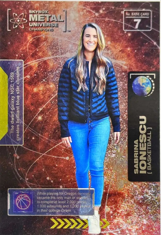 Person in blue puffy jacket against reddish background on Skybox Metal Universe Champions card