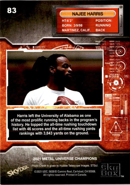 Football trading card of Najee Harris from Metal Universe Champions in Martinez, CA