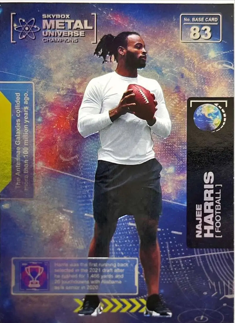 Football trading card of Najee Harris in 2021 Skybox Metal Universe Champions design