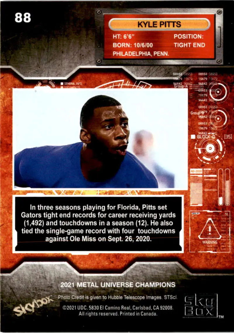 Kyle Pitts in blue jersey on orange trading card from Skybox Metal Universe Football Card