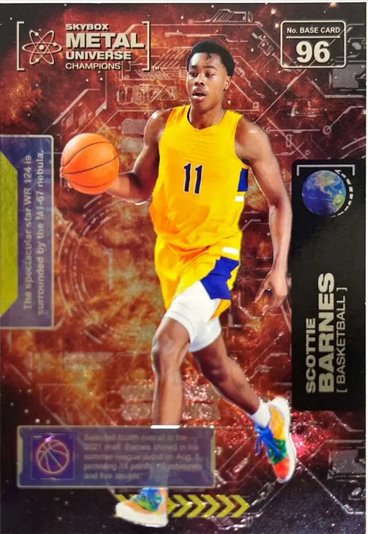 Basketball player in yellow #11 jersey dribbling ball for Scottie Barnes Skybox Metal Universe