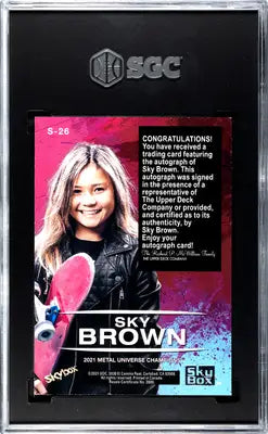 A graded Sky Brown trading card from Skybox Metal Universe Champions with autograph