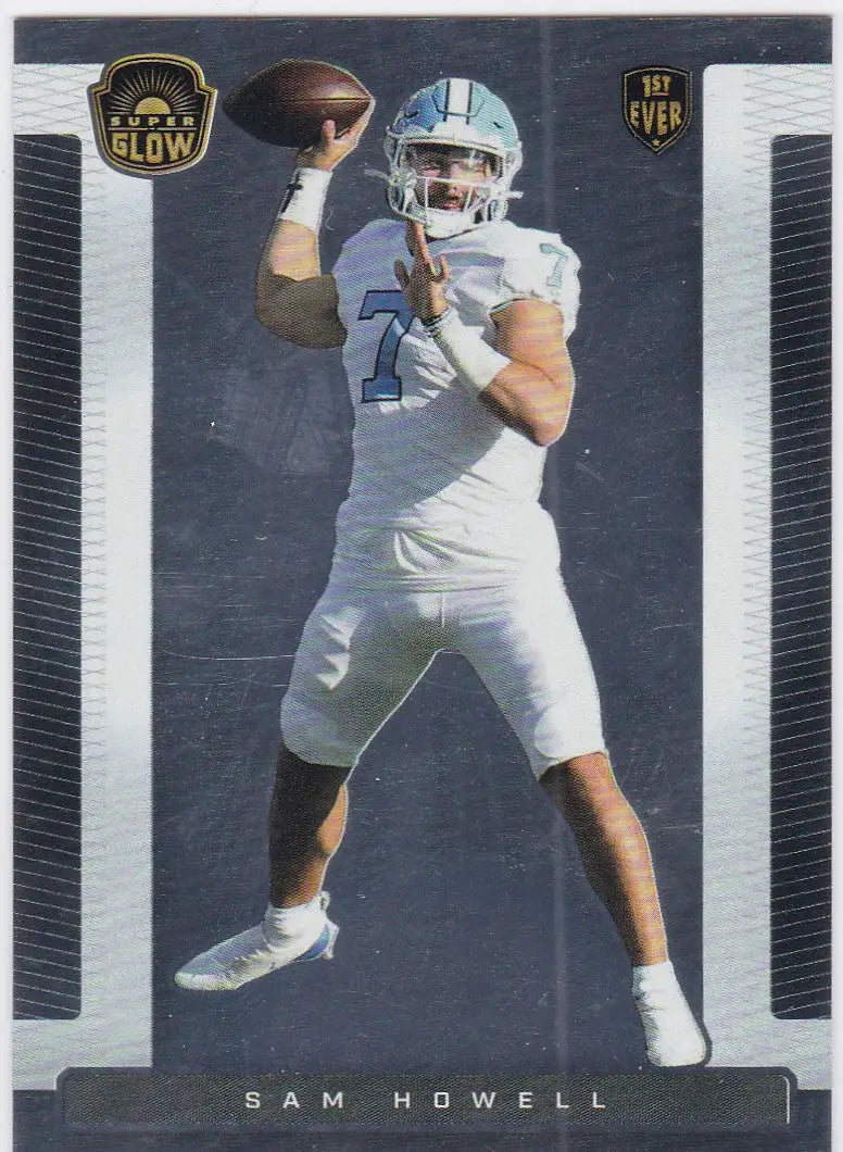 Football player in white uniform poised to throw pass, showcasing Sam Howell RC Tar