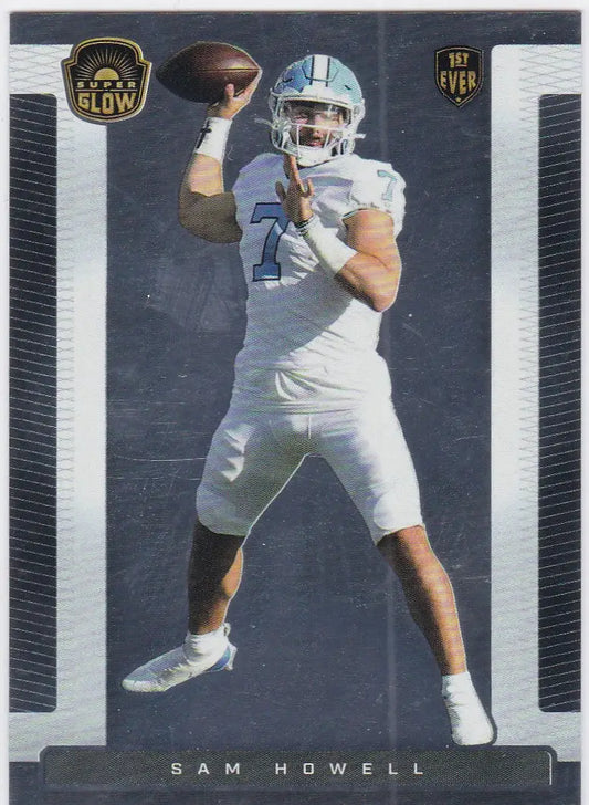 Football player in white uniform poised to throw pass, showcasing Sam Howell RC Tar