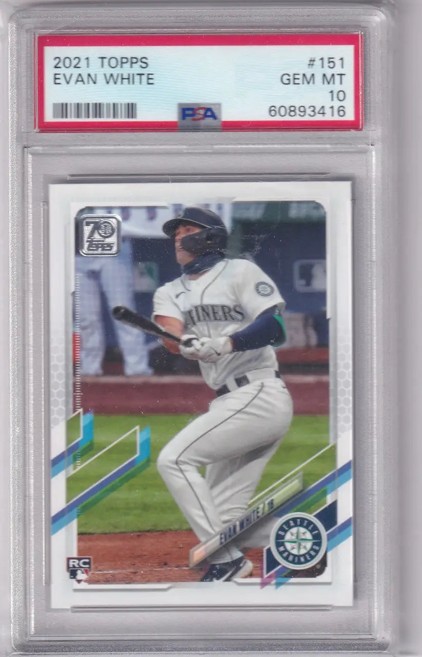 Graded 2021 Topps #151 Evan White PSA 10 baseball card in batting stance for Seattle Mariners